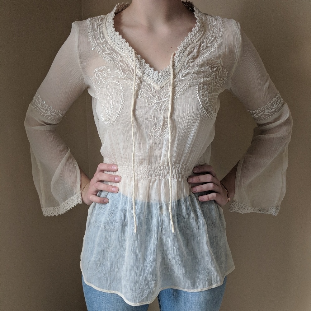 VINTAGE 70's Romantic Blouse Sheer  Cream Color Size S